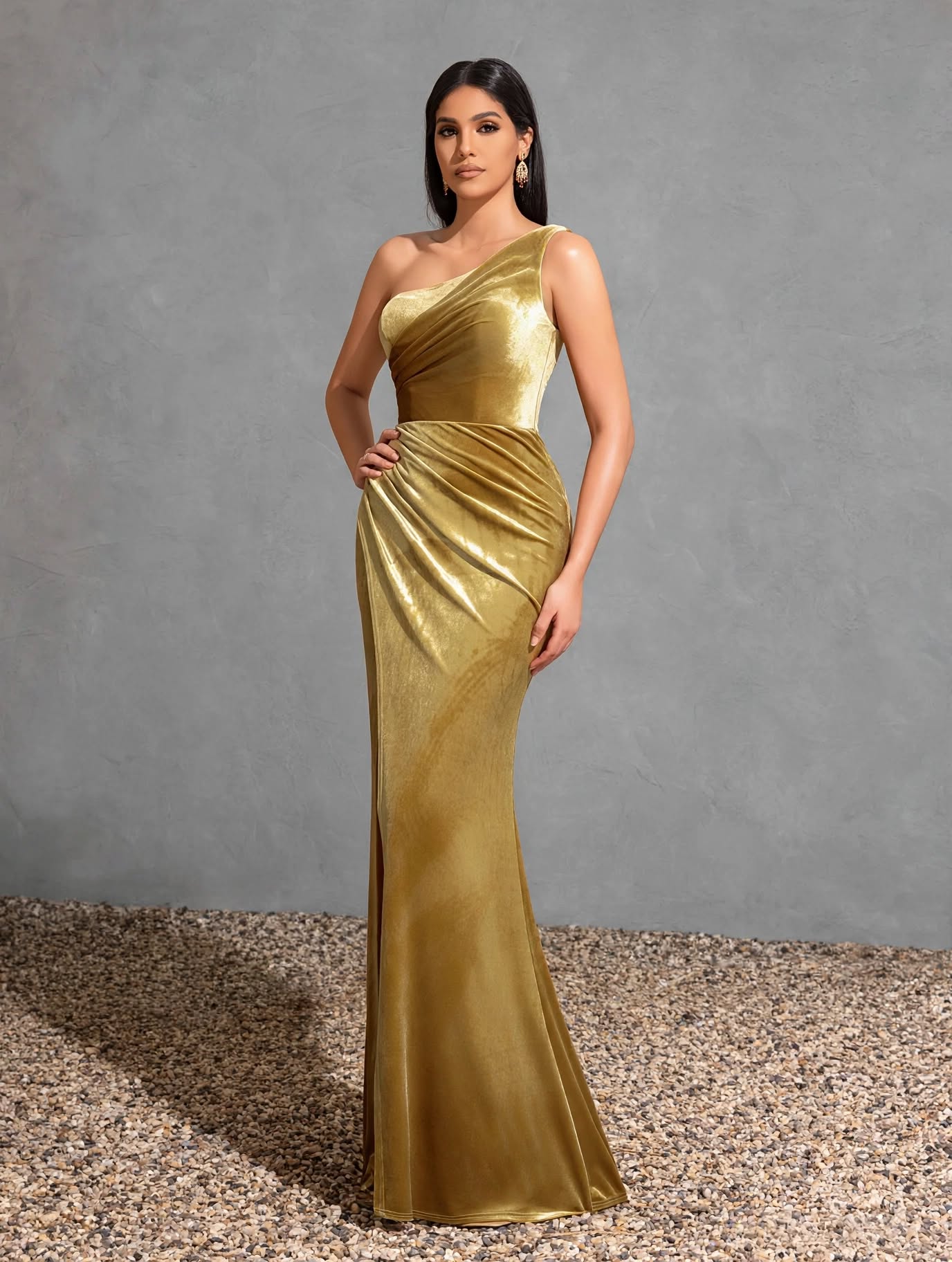 One-shoulder Pleated Slit Velvet Dress, Elegant and Chic Dress