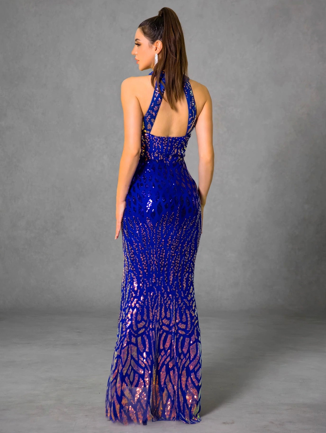 Royal Blue Sequin Slit Evening Dress