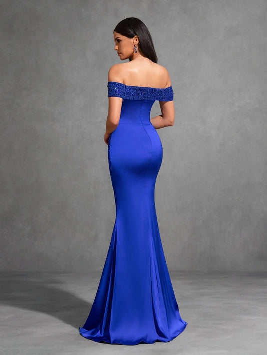 Off-the-shoulder Sequined Satin Slit Dress
