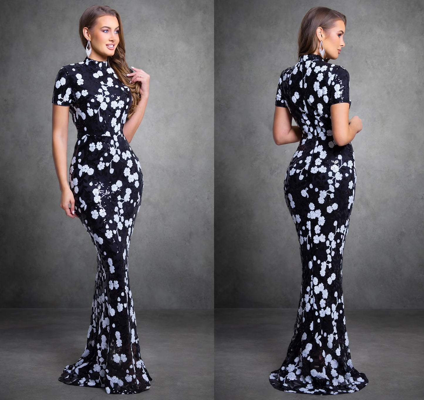 Floral Sequin Bodycon Evening Dress