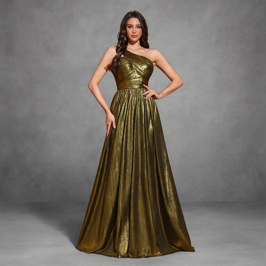 One-shoulder Pleated Two-sided Glossy Strapless Wedding Dress