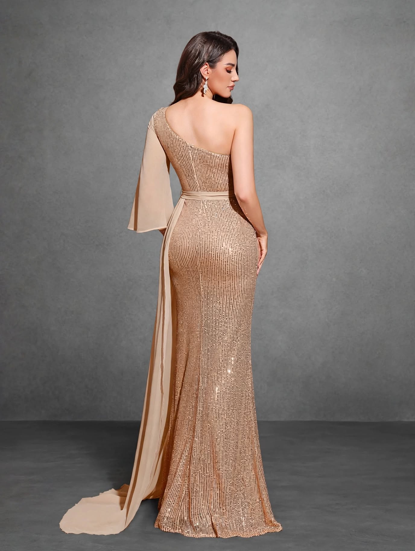 Sequined One-shoulder Chiffon Patchwork Belt-decorated Hip Dress