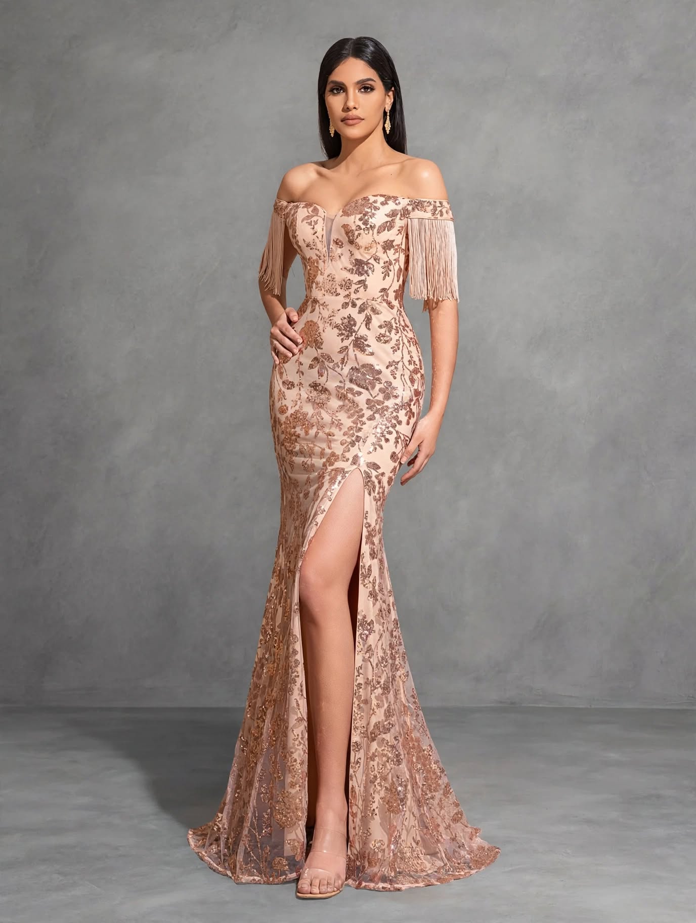 Off-the-shoulder Sequined Tassel Sleeve Slit Dress