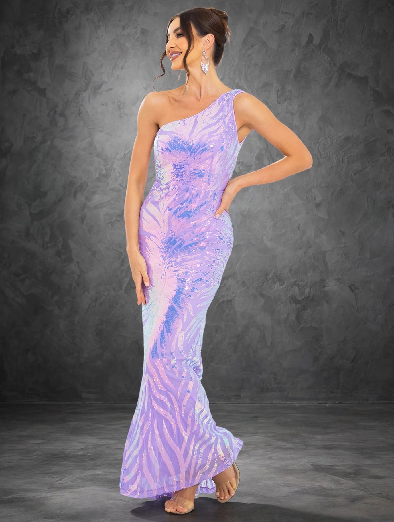 One-Shoulder Floral Sequin Evening Dress