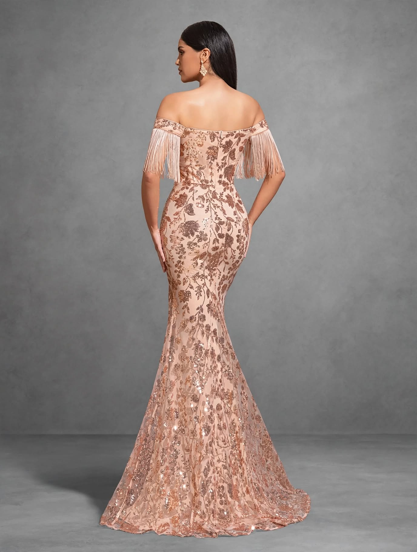 Off-the-shoulder Sequined Tassel Sleeve Slit Dress
