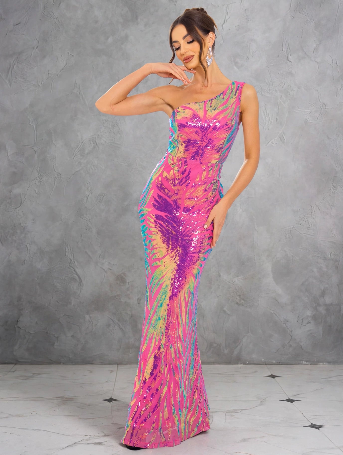 One-Shoulder Floral Sequin Evening Dress