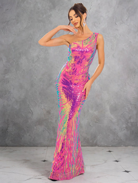 One-Shoulder Floral Sequin Evening Dress