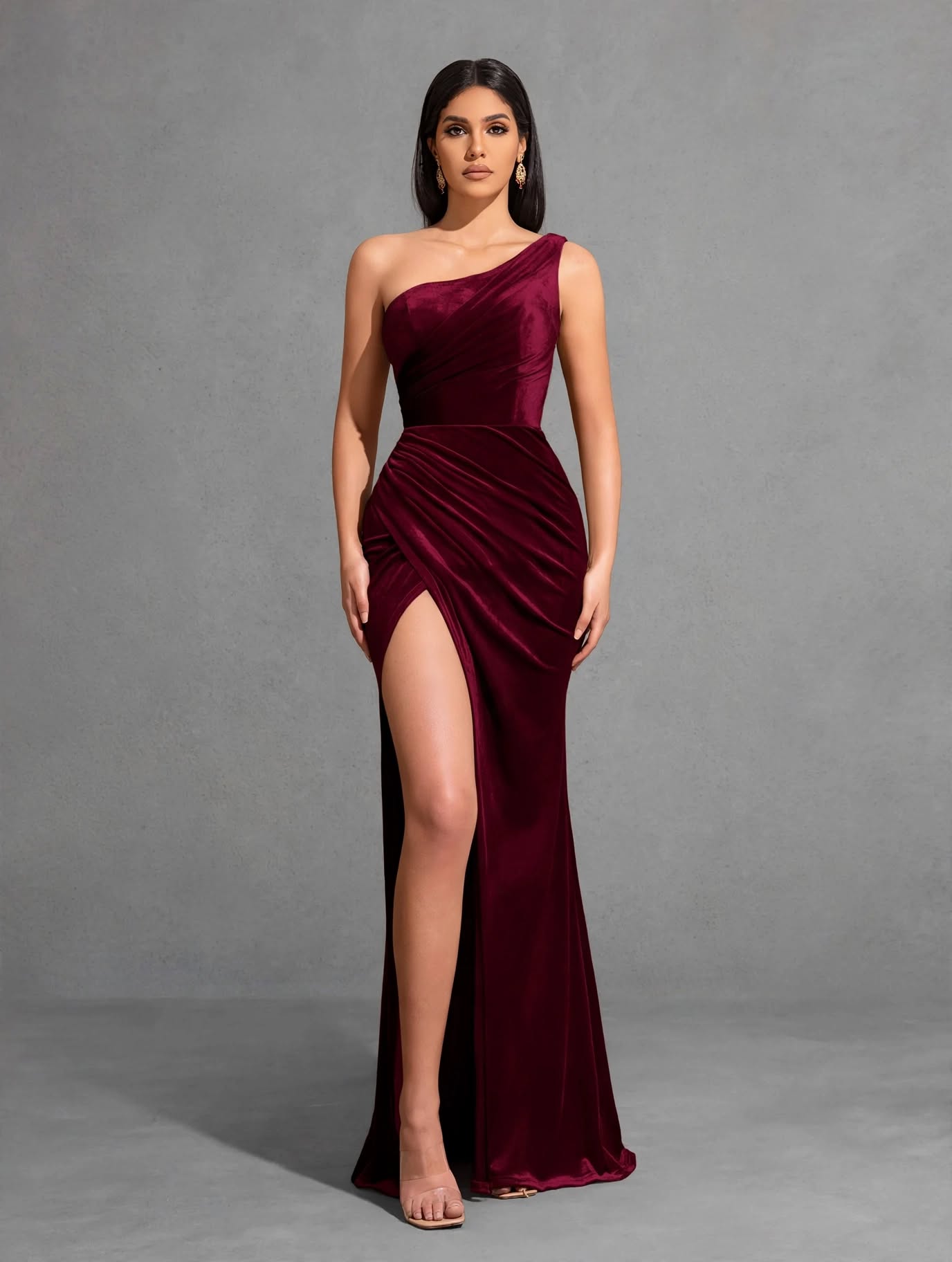 One-shoulder Pleated Slit Velvet Dress, Elegant and Chic Dress