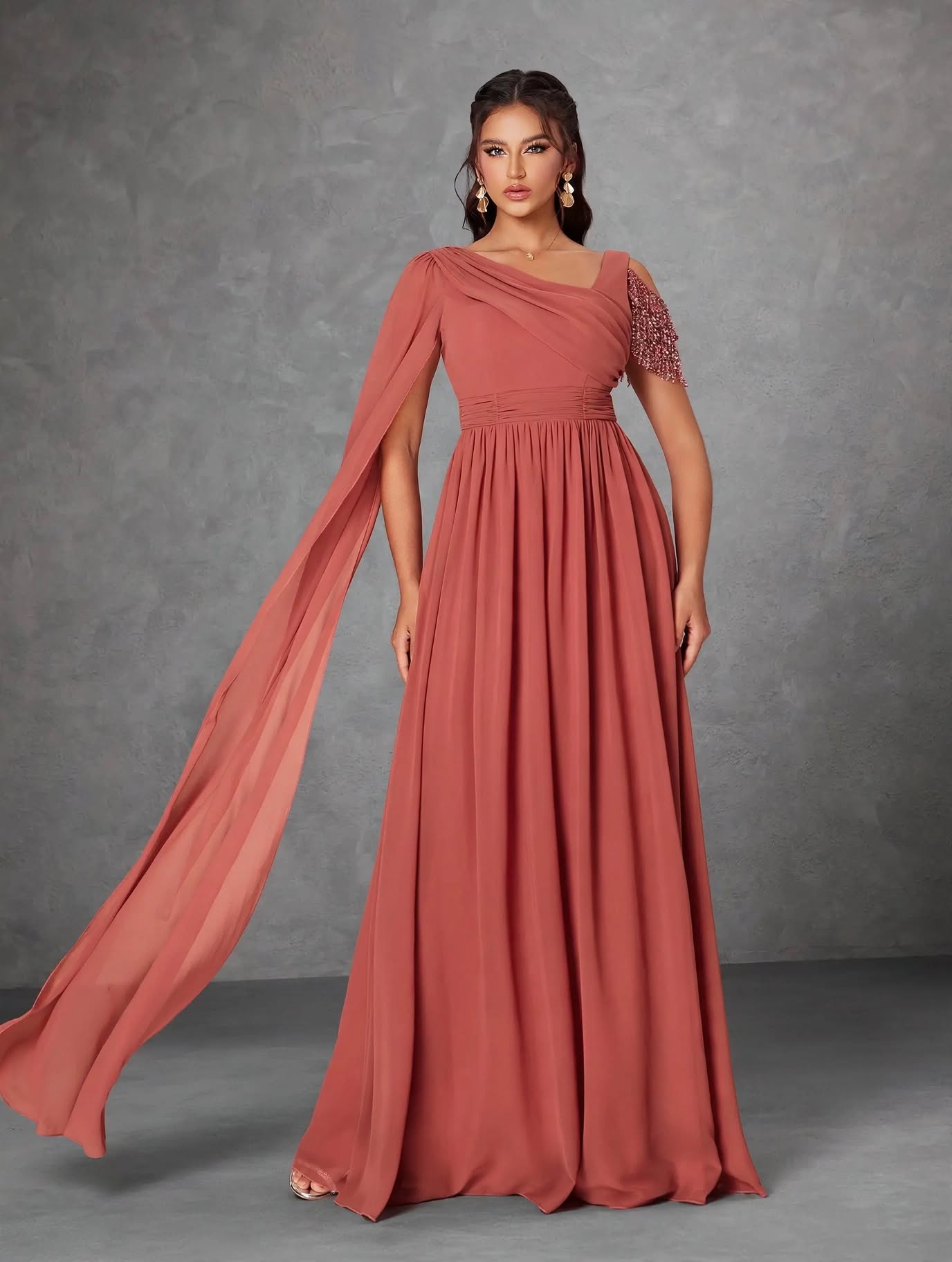 Asymmetric One-Shoulder Pearl Chiffon Dress