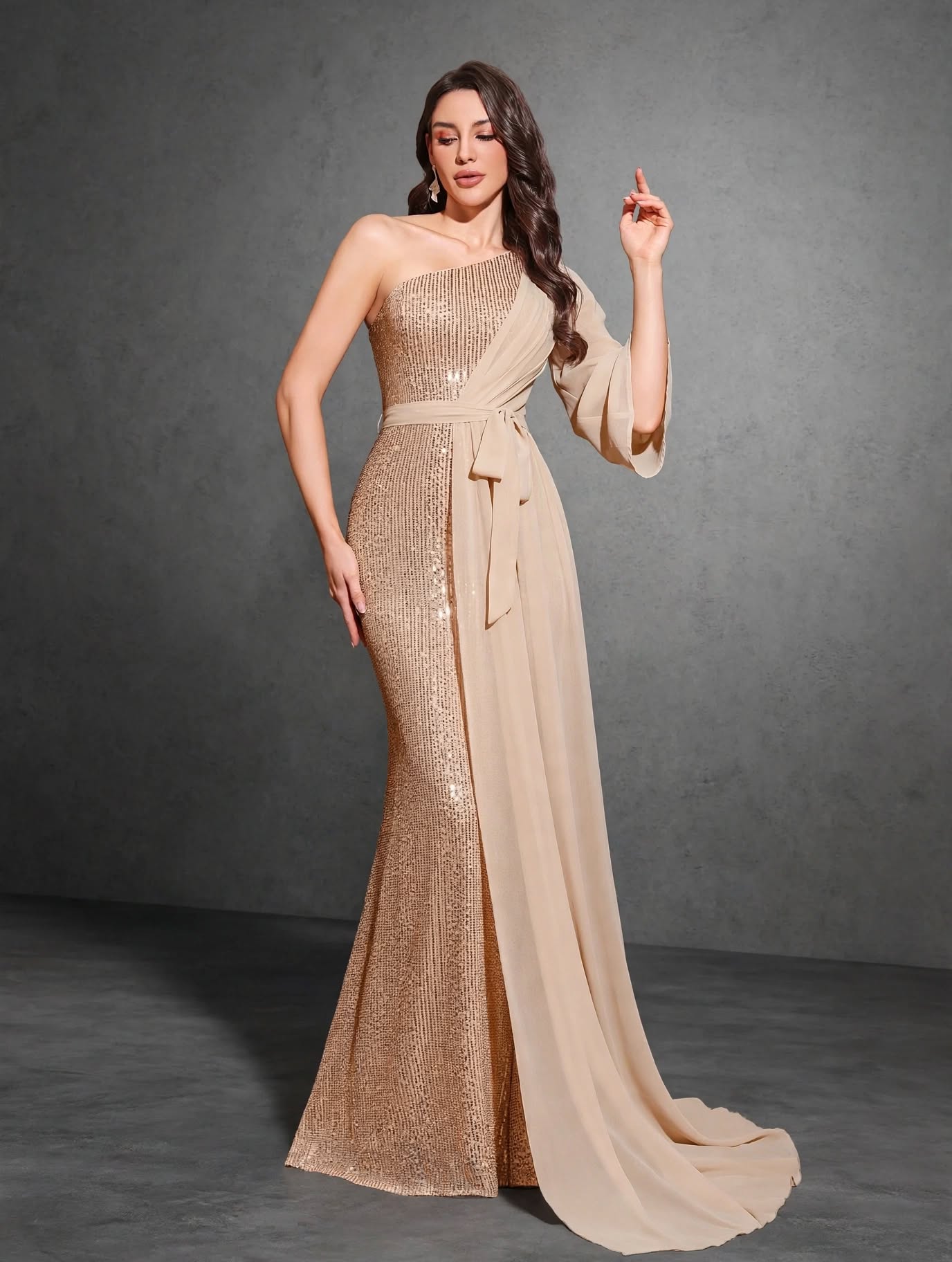 Sequined One-shoulder Chiffon Patchwork Belt-decorated Hip Dress