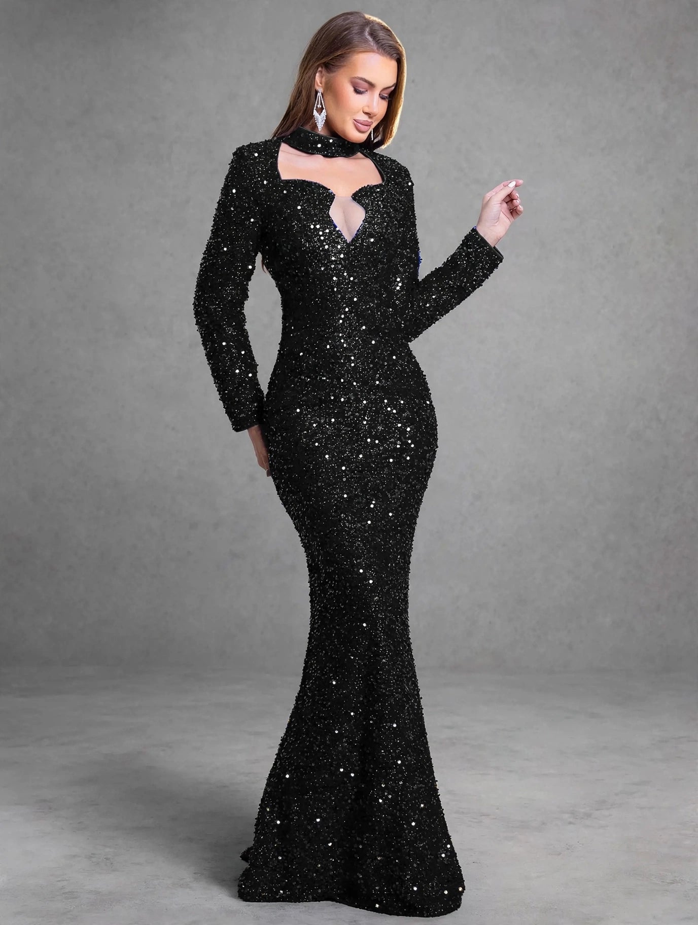 Blue Sequin Long Sleeve Evening Gown