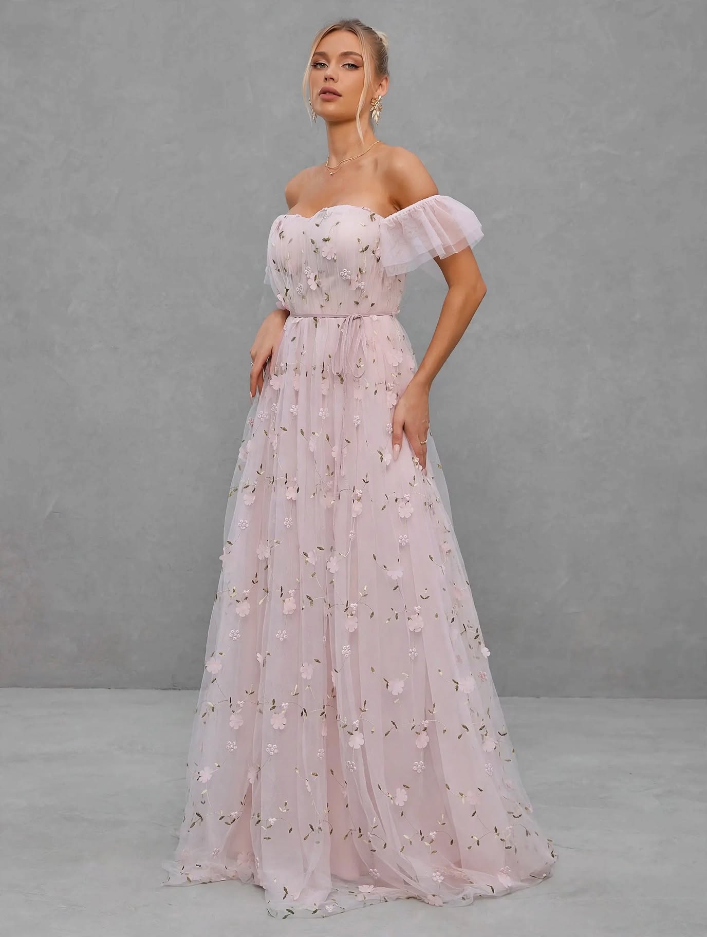 3D Embroidered Lace Evening Gown