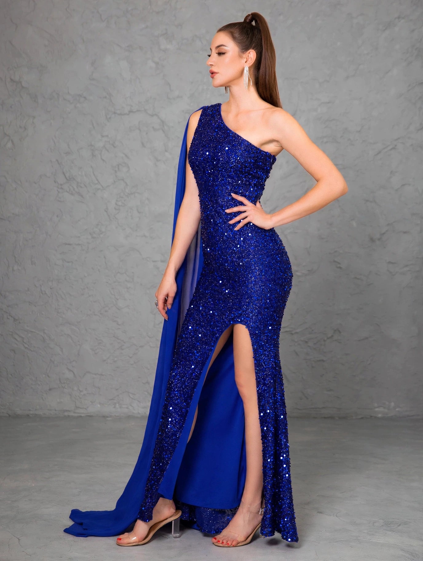 Blue Sequin One-Shoulder Slit Evening Gown
