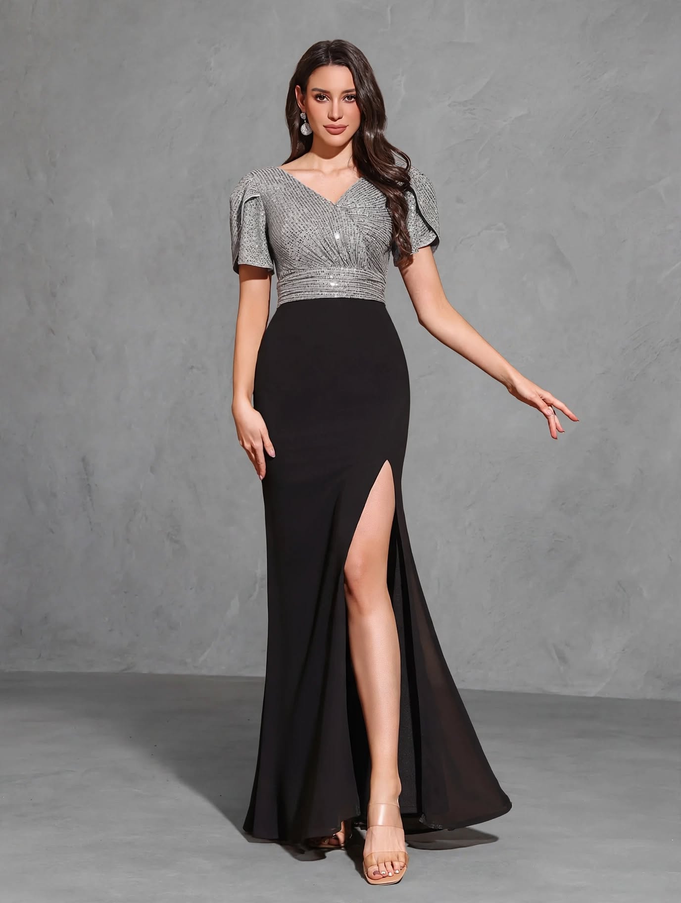 Sequined Cross Neck Chiffon Hip Slit Elegant Dress