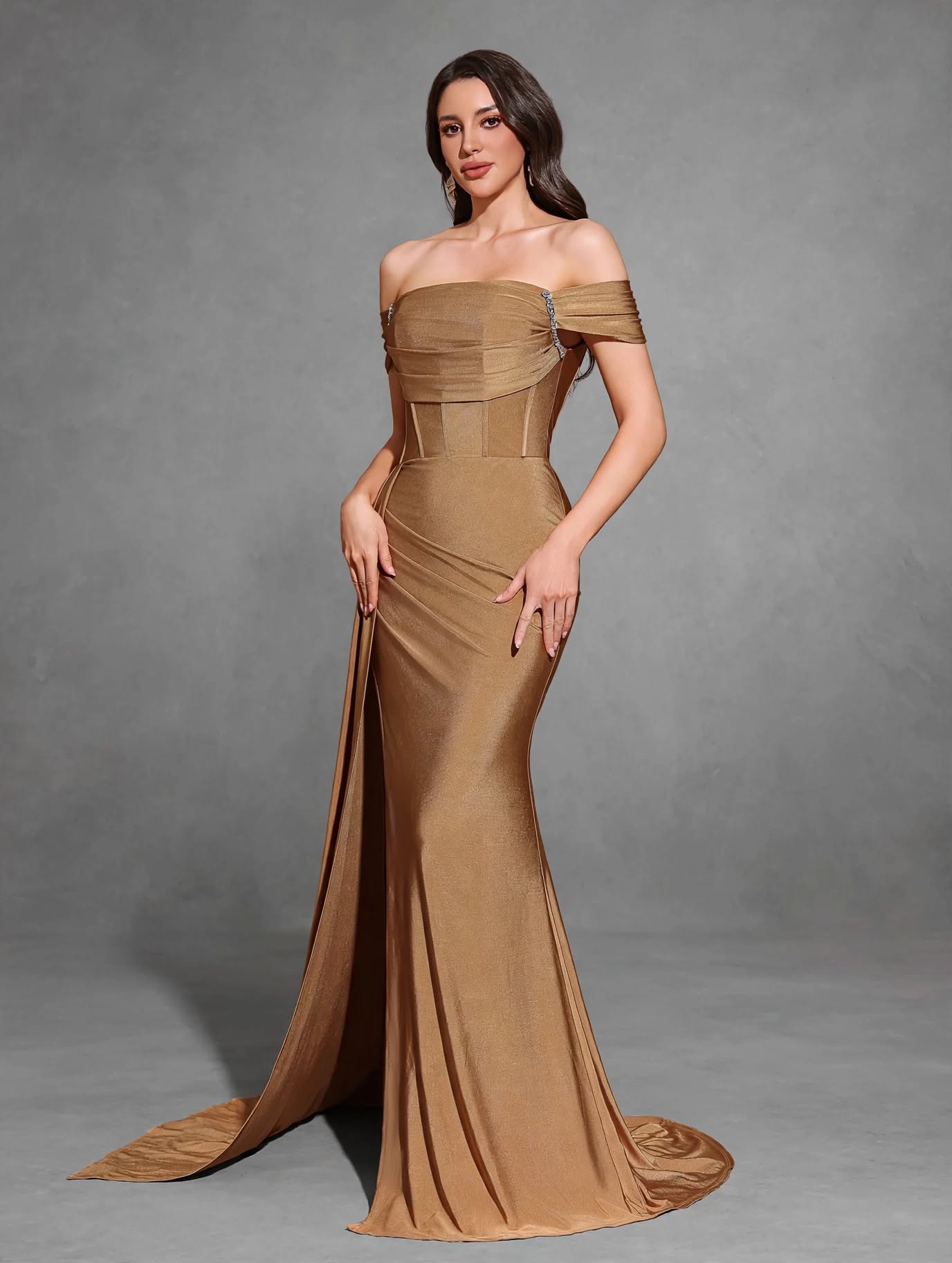 One-Shoulder Rhinestone Slit Dress