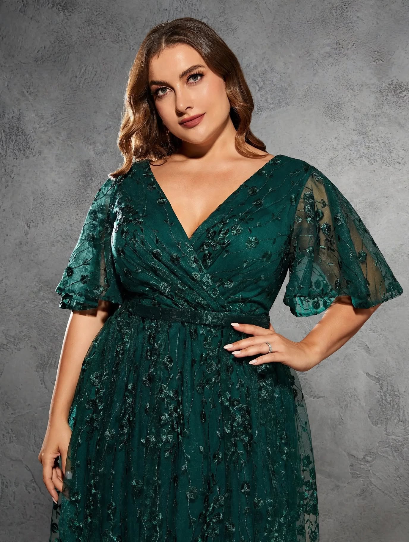 V-Neck Flared Sleeve Embroidered Lace Gown