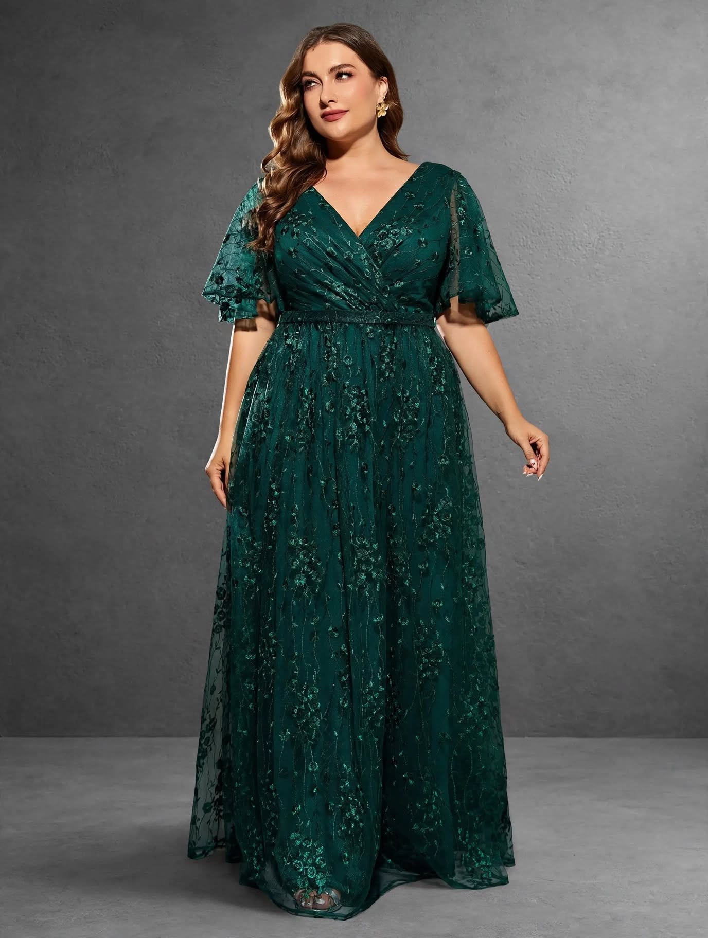 V-Neck Flared Sleeve Embroidered Lace Gown