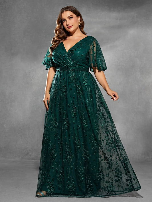 V-Neck Flared Sleeve Embroidered Lace Gown