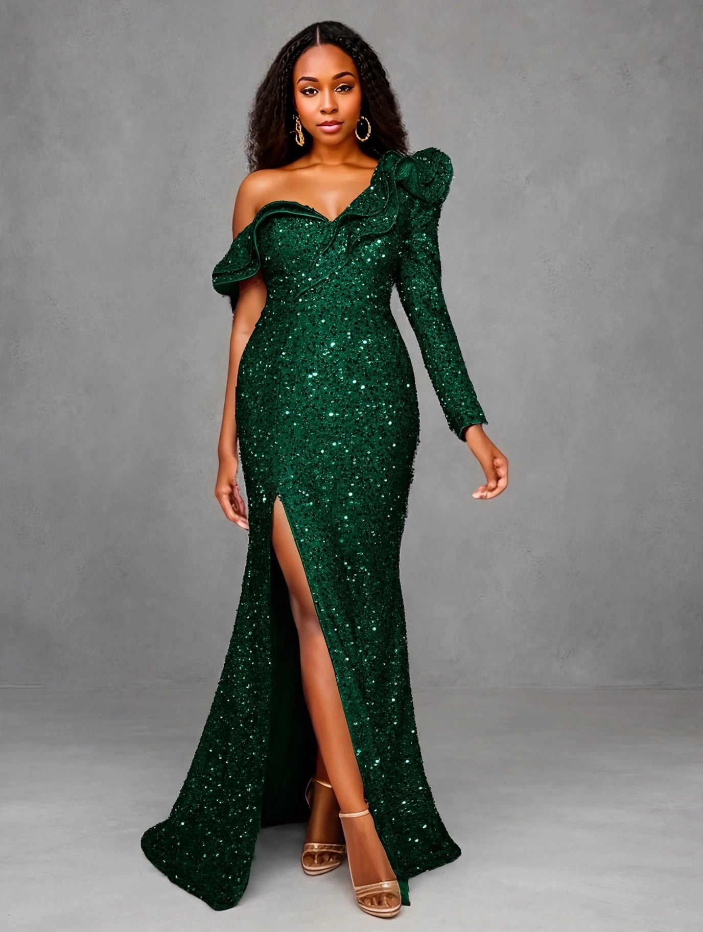Green Sequin One-Shoulder Ruffle Evening Gown