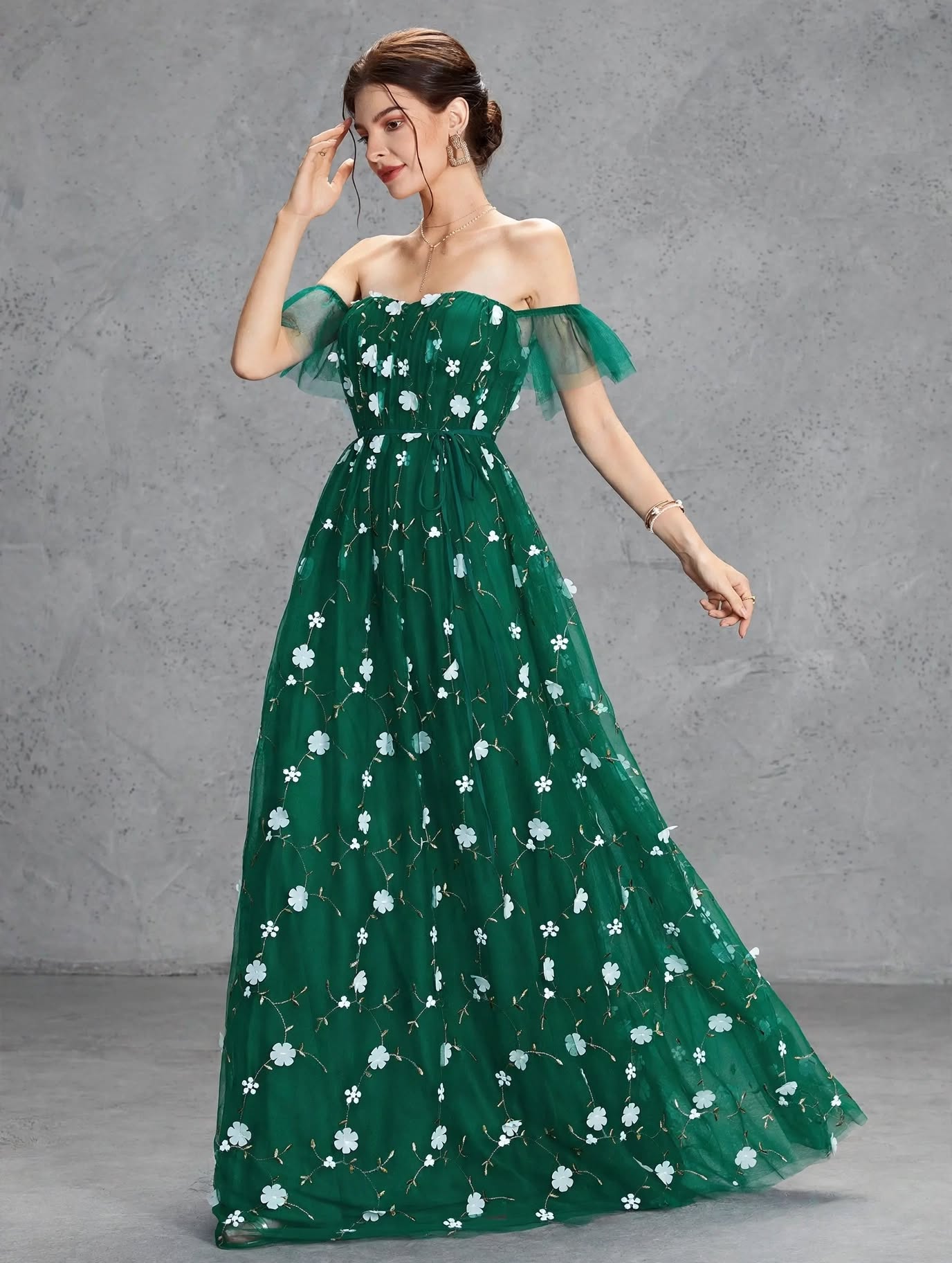 3D Embroidered Lace Evening Gown