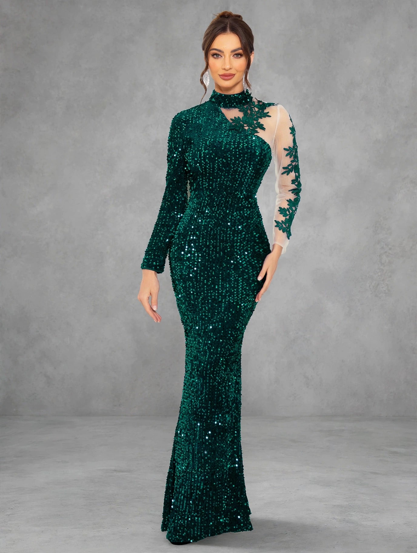 Royal Blue Mesh-Sleeve Evening Dress