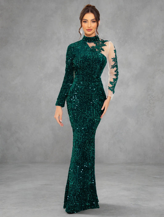 Royal Blue Mesh-Sleeve Evening Dress