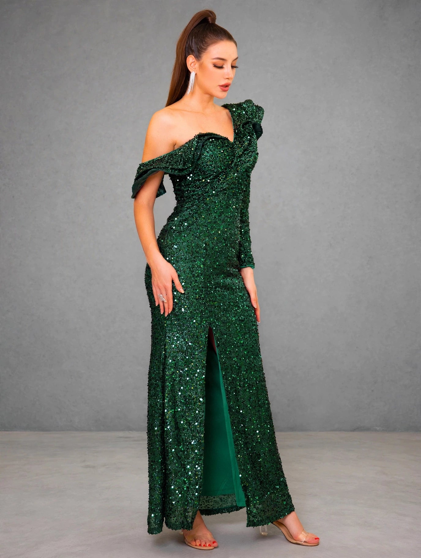 Green Sequin One-Shoulder Ruffle Evening Gown