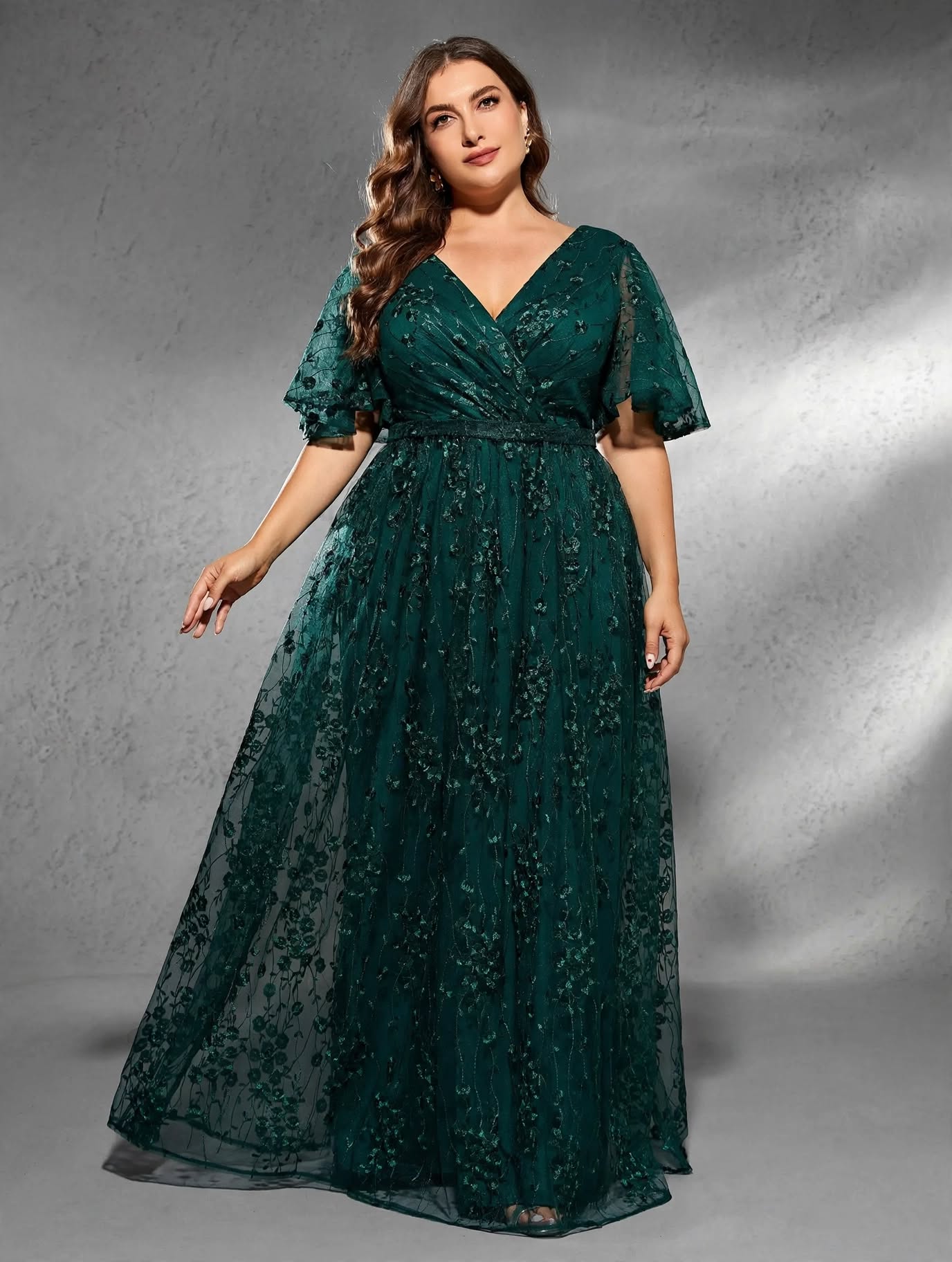 V-Neck Flared Sleeve Embroidered Lace Gown