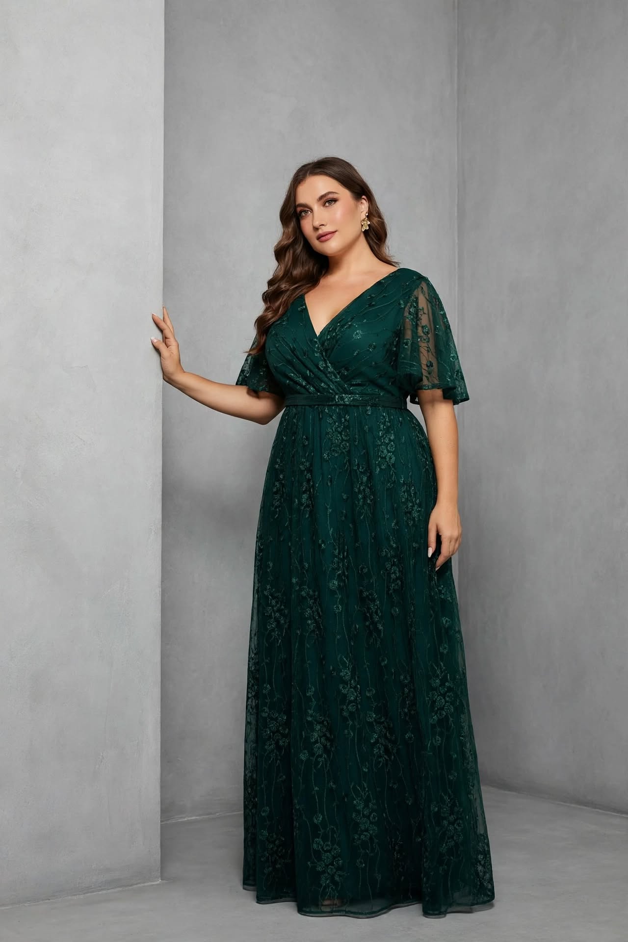 V-Neck Flared Sleeve Embroidered Lace Gown