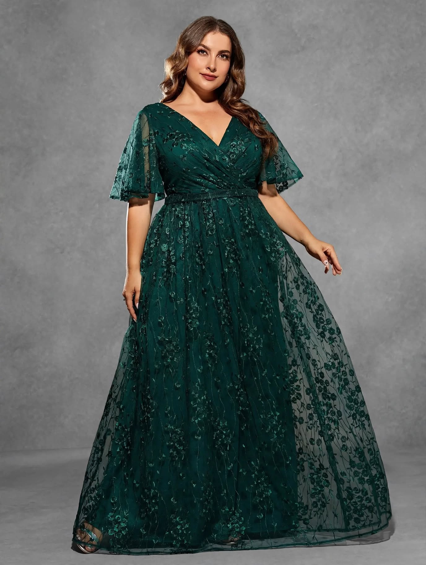 V-Neck Flared Sleeve Embroidered Lace Gown