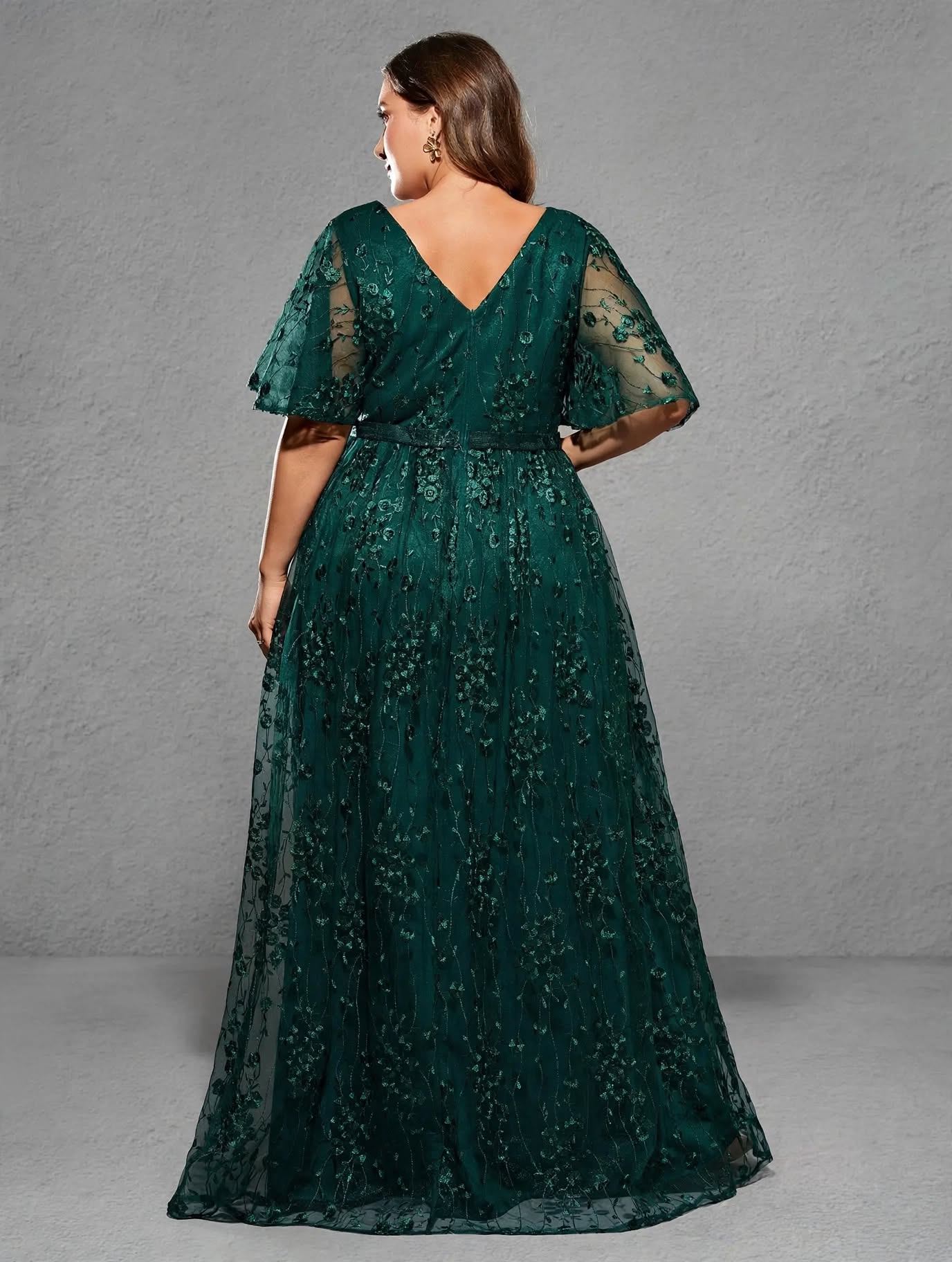 V-Neck Flared Sleeve Embroidered Lace Gown