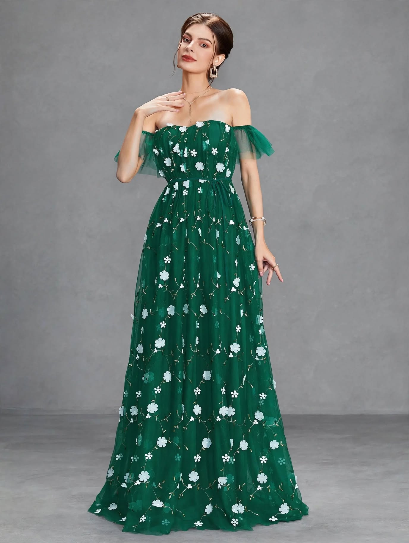 3D Embroidered Lace Evening Gown