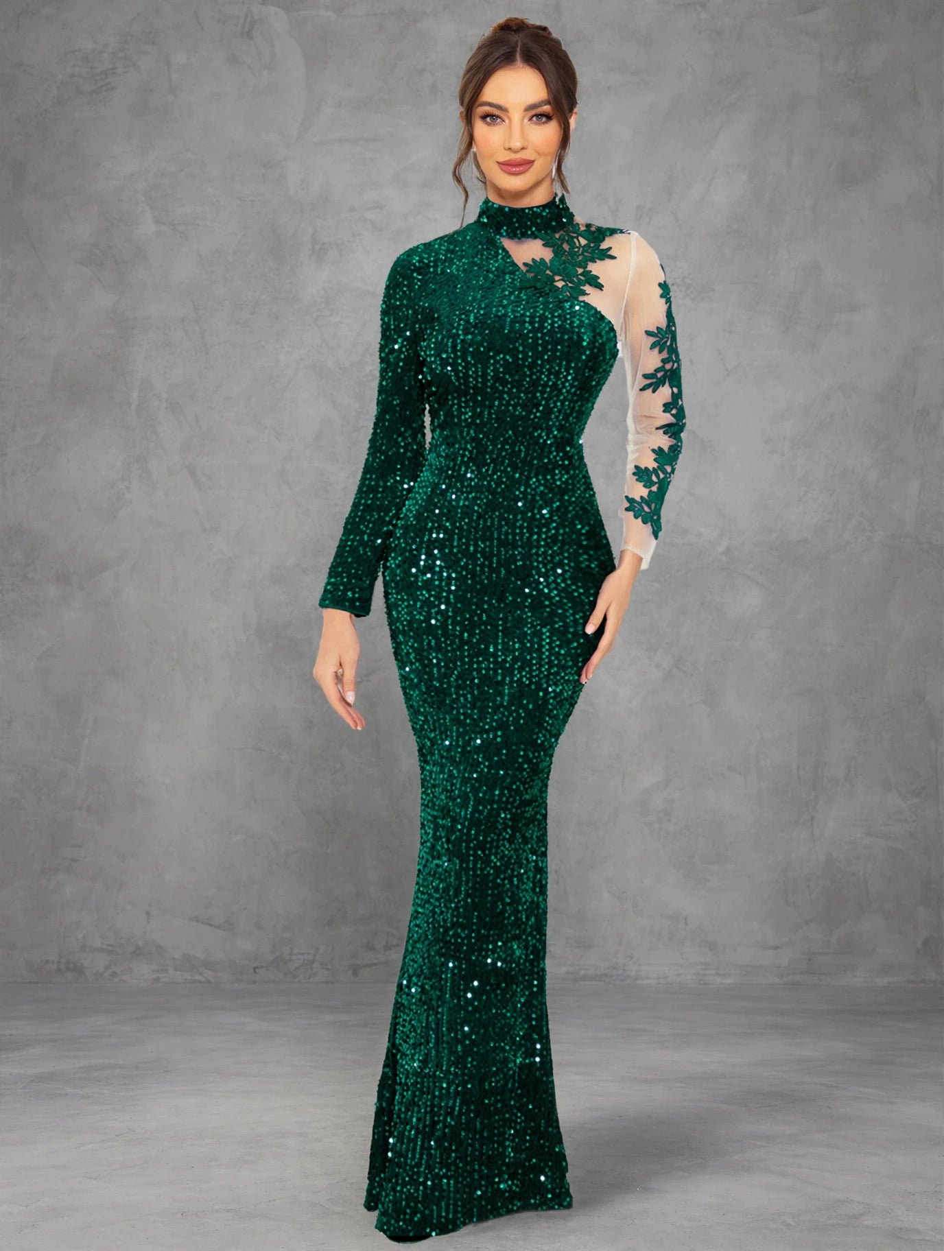 Royal Blue Mesh-Sleeve Evening Dress
