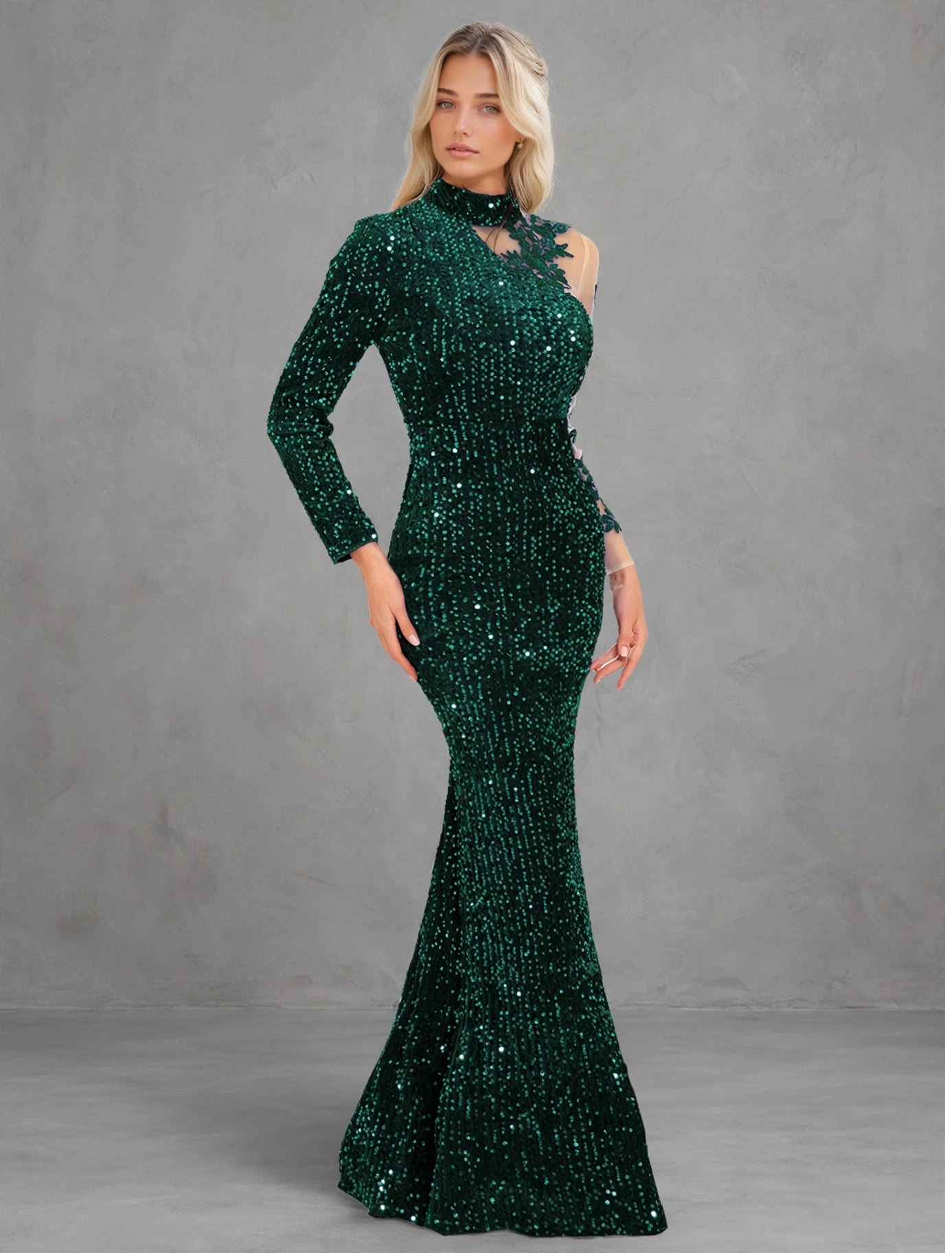 Royal Blue Mesh-Sleeve Evening Dress