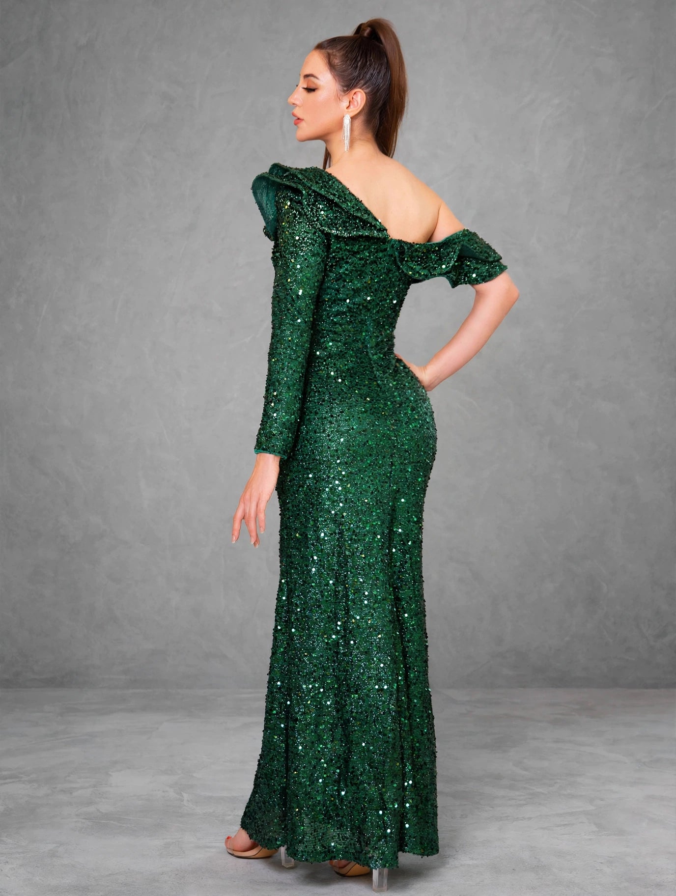 Green Sequin One-Shoulder Ruffle Evening Gown
