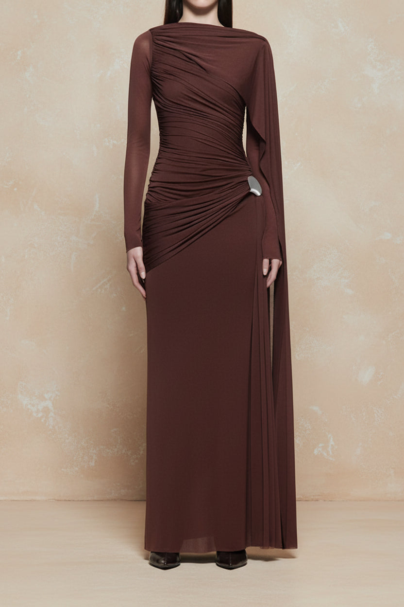 Ruched Draped Long Sleeve Maxi Dress - TrendNest