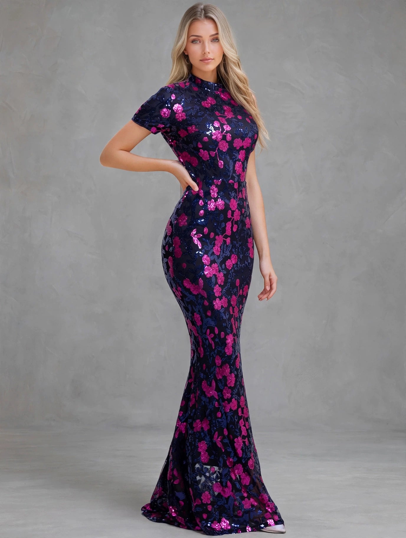 Floral Sequin Bodycon Evening Dress