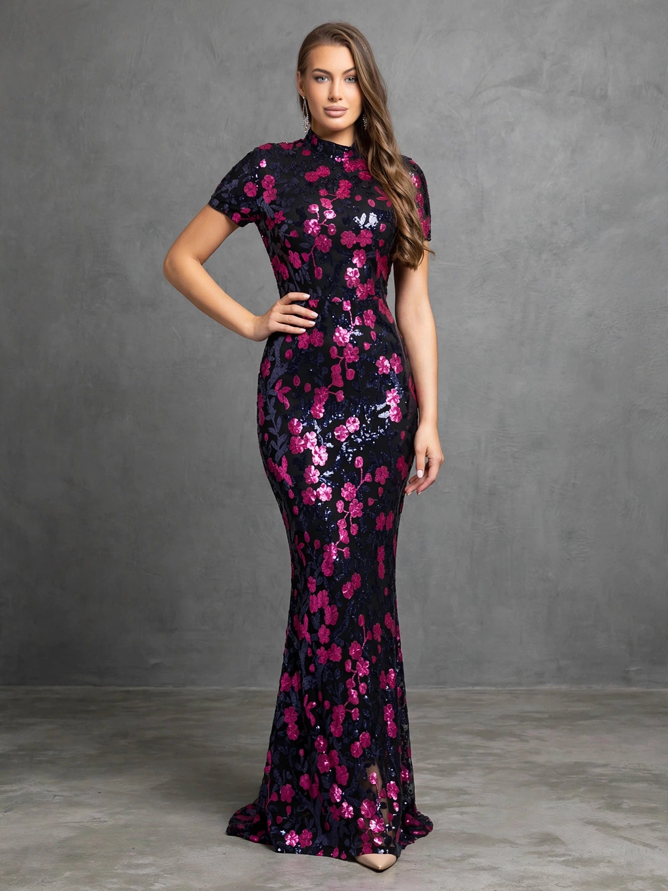 Floral Sequin Bodycon Evening Dress