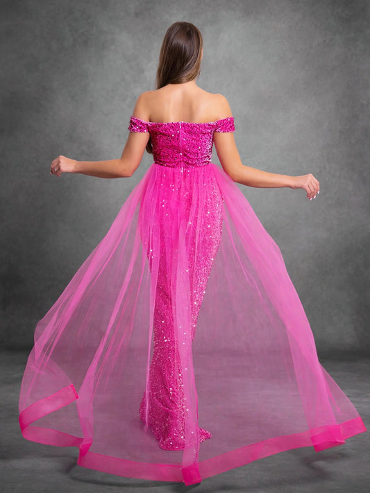 Pink Off-Shoulder Evening Dress with Train