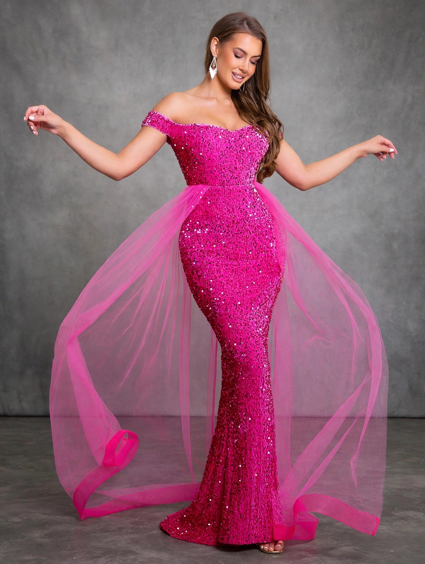 Pink Off-Shoulder Evening Dress with Train