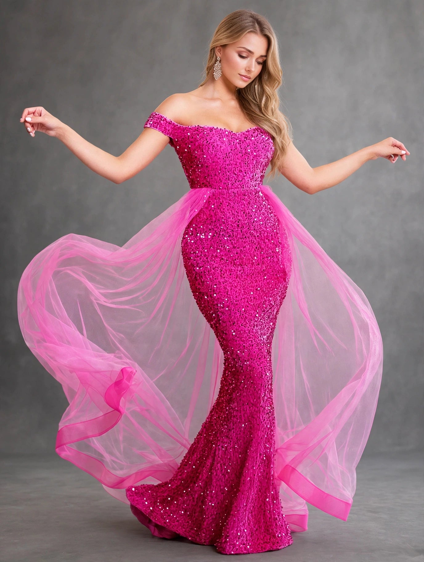 Pink Off-Shoulder Evening Dress with Train