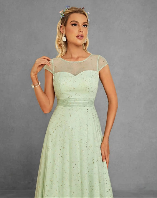 Round Neck Short Sleeve Gold Mesh Full Skirt Evening