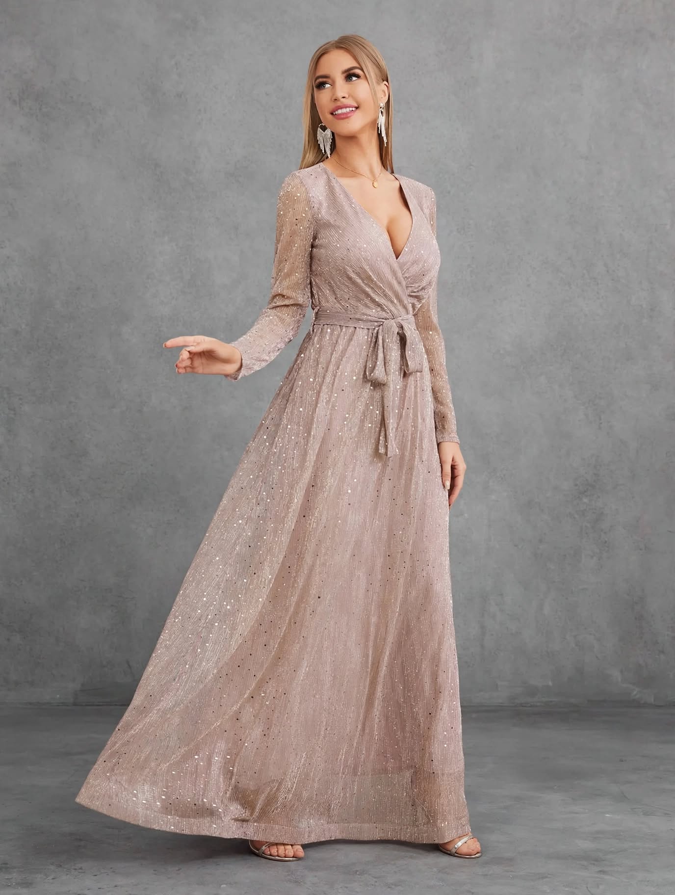 Glitter Mesh Long Sleeve Evening Dress