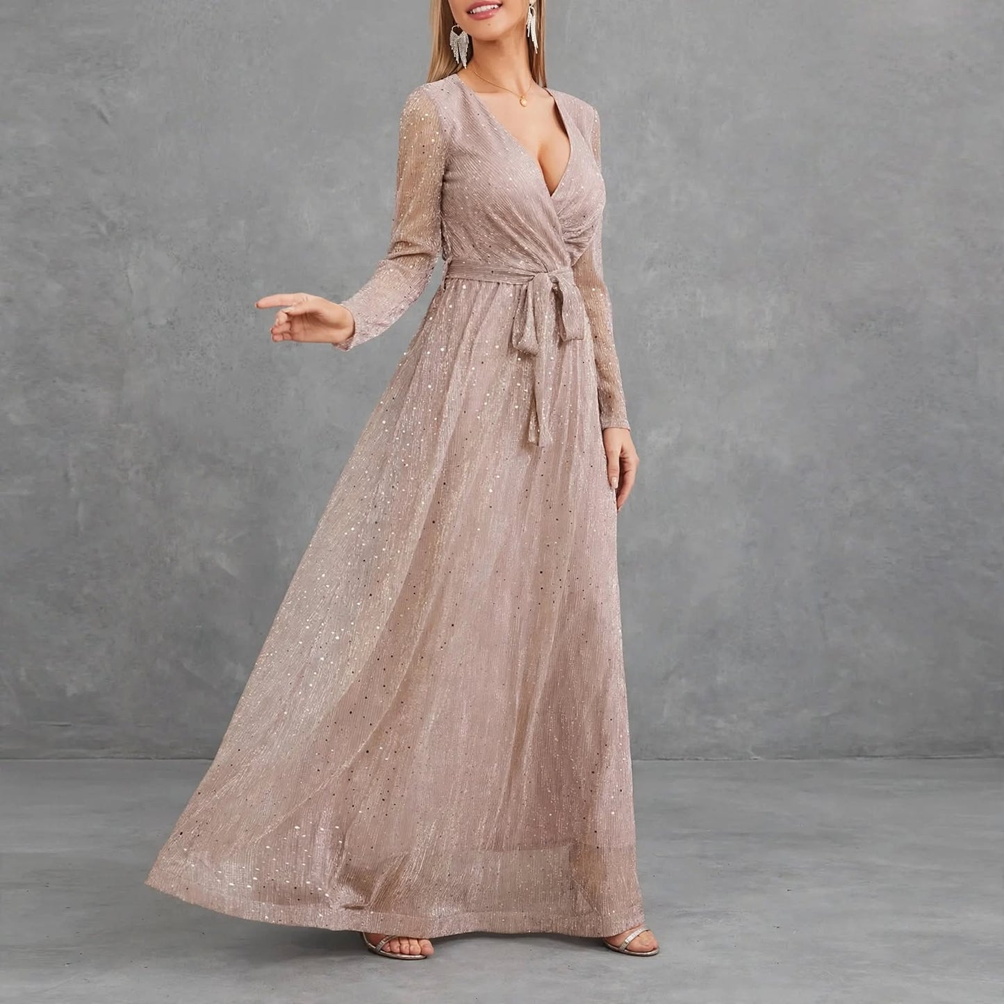 Glitter Mesh Long Sleeve Evening Dress