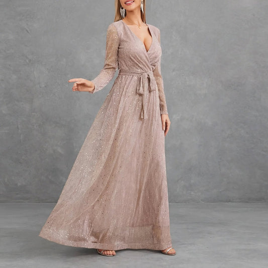 Glitter Mesh Long Sleeve Evening Dress