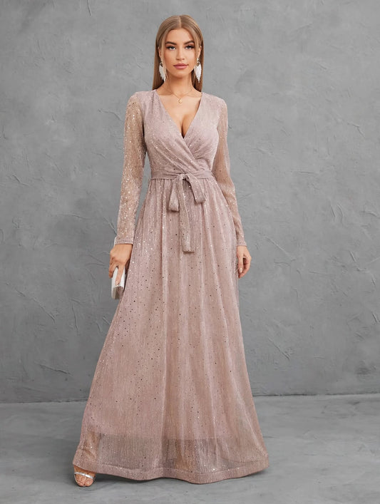 Glitter Mesh Long Sleeve Evening Dress