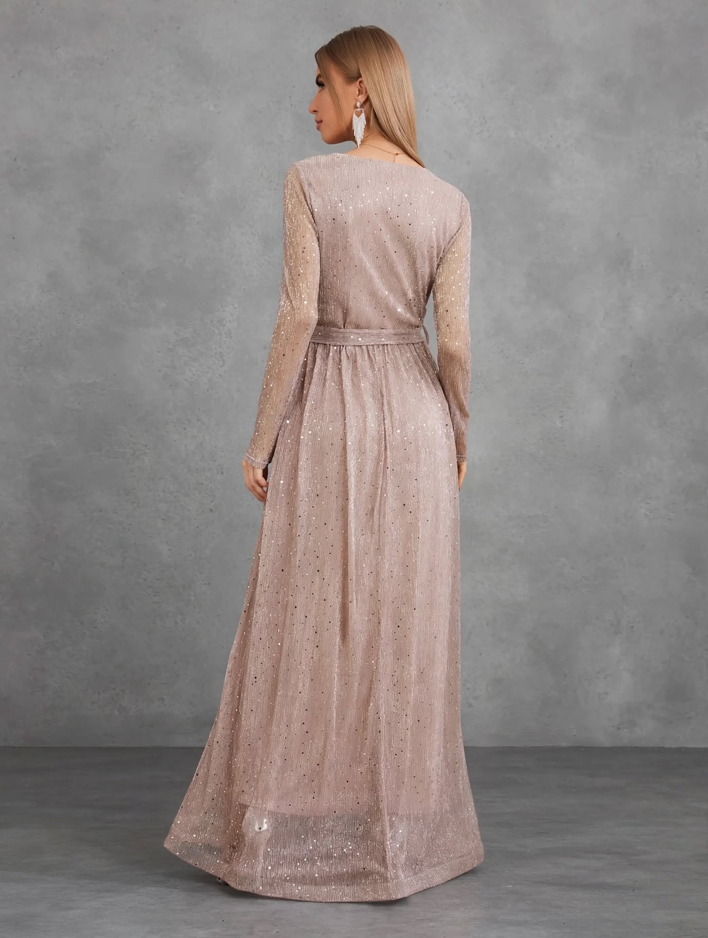 Glitter Mesh Long Sleeve Evening Dress