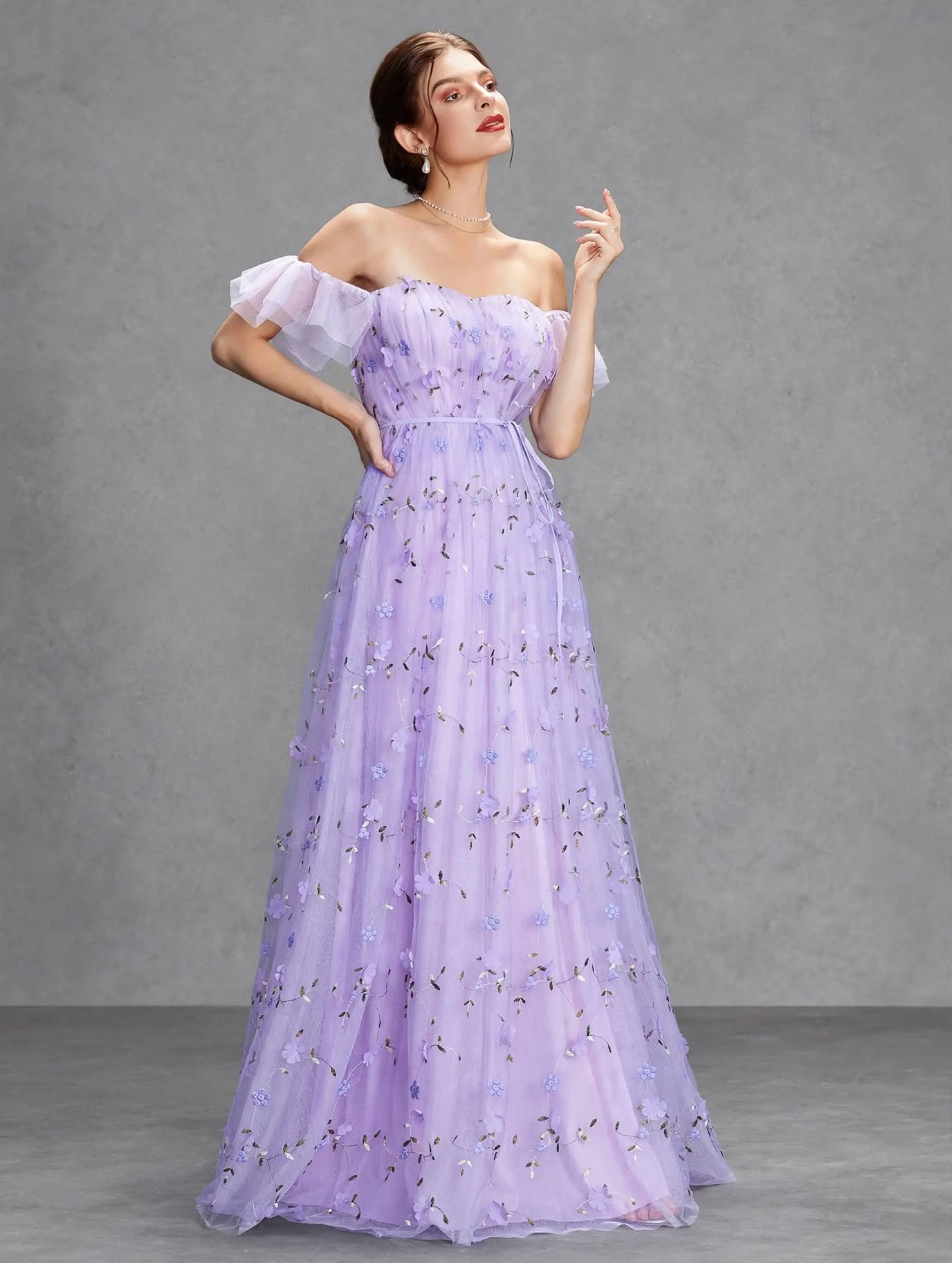 3D Embroidered Lace Evening Gown
