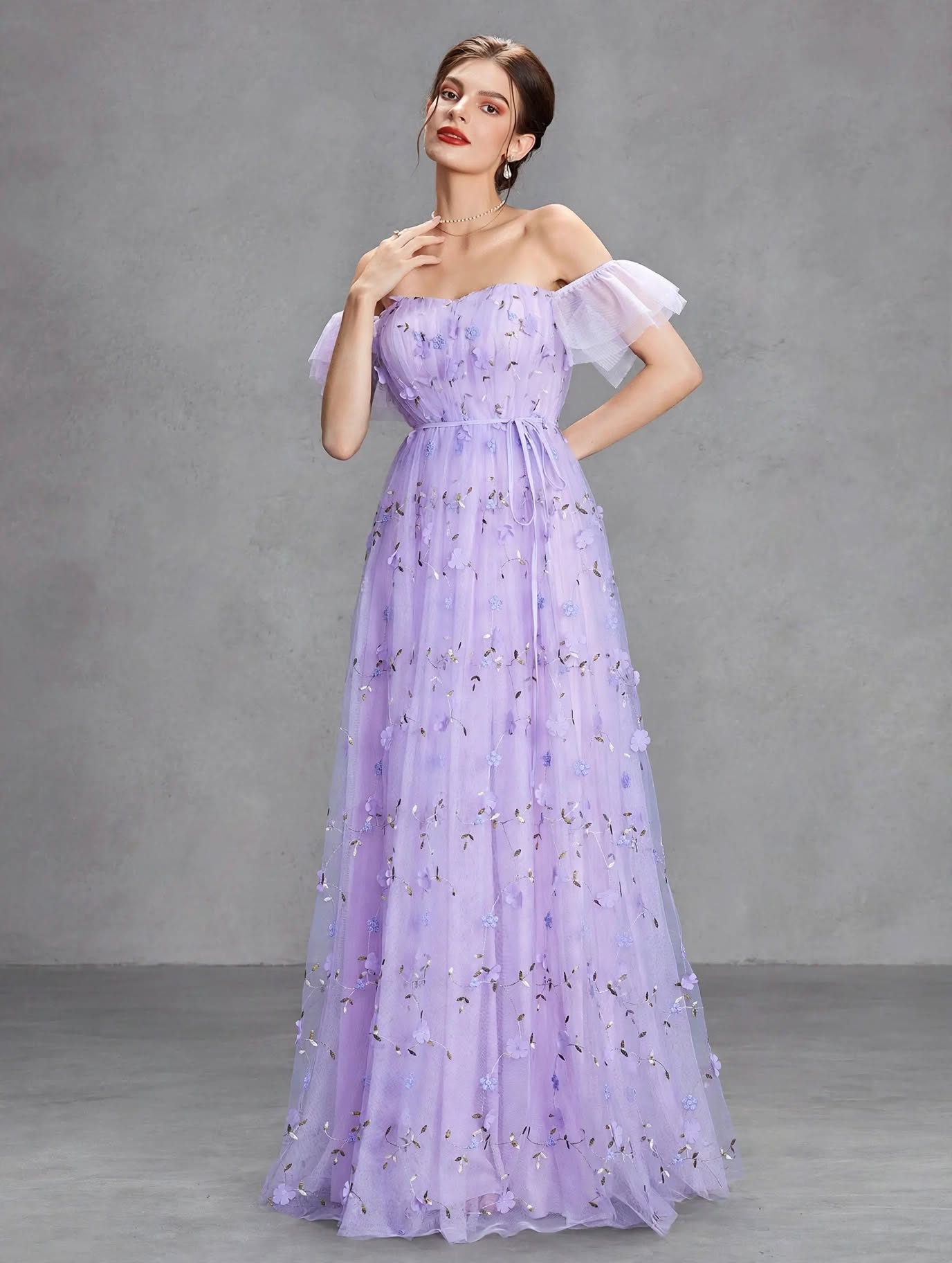 3D Embroidered Lace Evening Gown