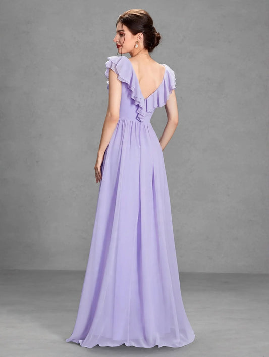 Romantic Double-Ruffle Chiffon Evening Gown
